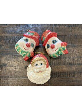 Vintage Christmas Ornaments Snowman Santa Glitter Plastic Kitschy